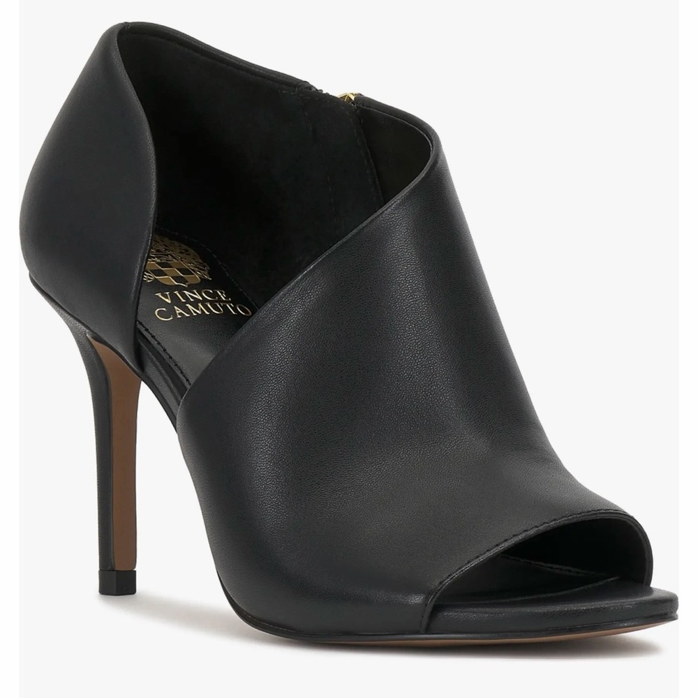 Vince Camuto Black Leather Open-Toe Stiletto Bootie